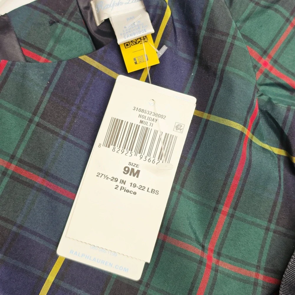 Ralph Lauren Plaid Dress Kids 9M Green Holiday Tartan 2-Piece Set